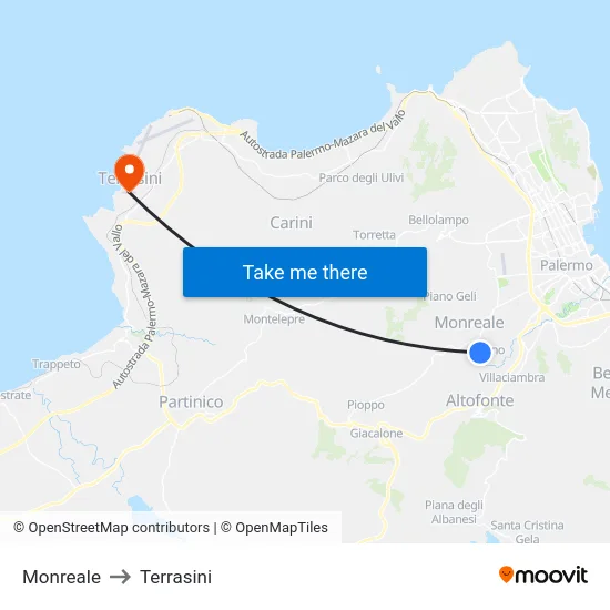 Monreale to Terrasini map