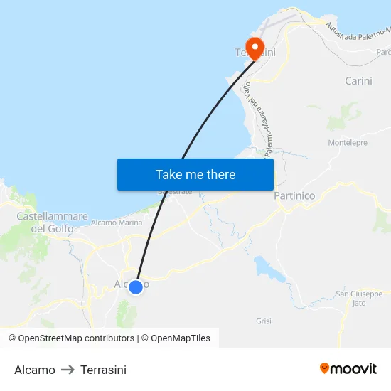 Alcamo to Terrasini map