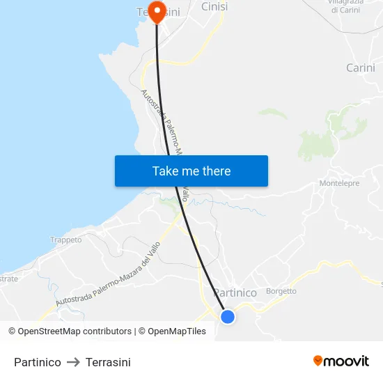 Partinico to Terrasini map