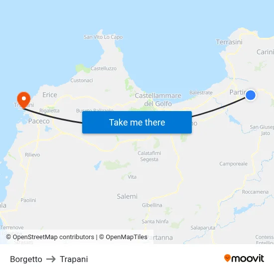 Borgetto to Trapani map