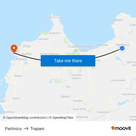 Partinico to Trapani map