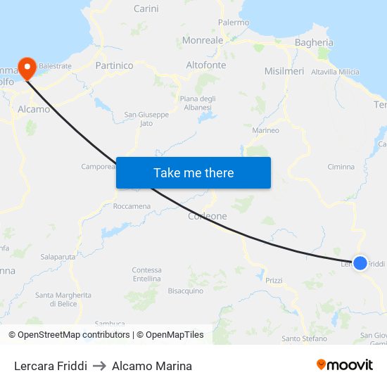 Lercara Friddi to Alcamo Marina map
