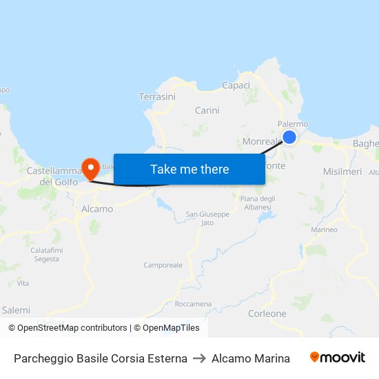 Parcheggio Basile Corsia Esterna to Alcamo Marina map