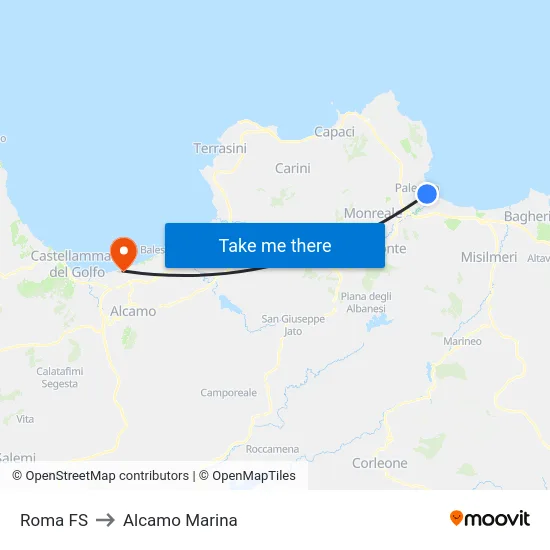 Roma Station to Alcamo Marina map