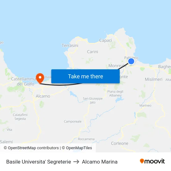 Basile Universita' Segreterie to Alcamo Marina map
