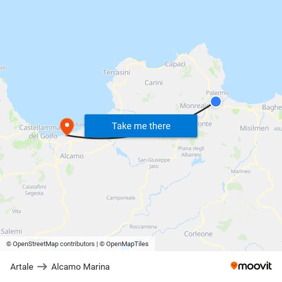 Artale to Alcamo Marina map