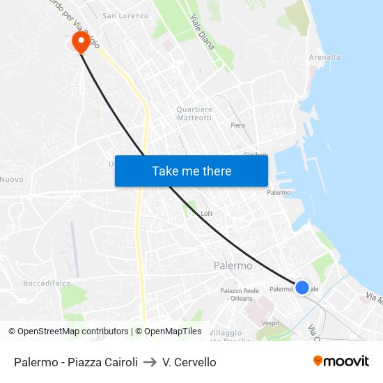 Palermo - Piazza Cairoli to V. Cervello map