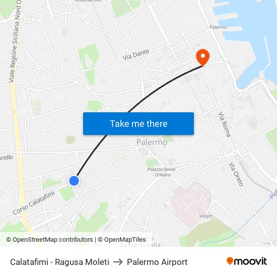 Calatafimi - Ragusa Moleti to Palermo Airport map
