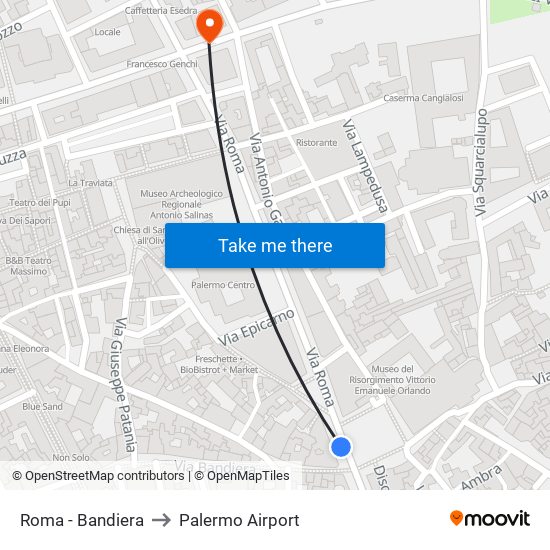 Roma - Bandiera to Palermo Airport map