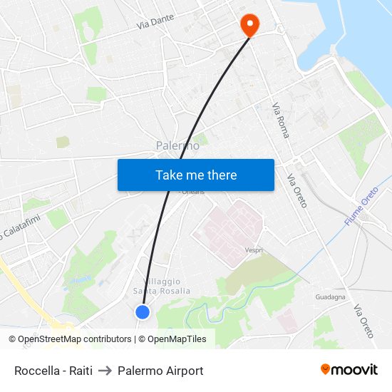 Roccella - Raiti to Palermo Airport map