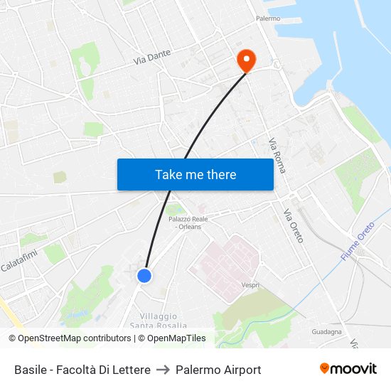 Basile - Facoltà Di Lettere to Palermo Airport map