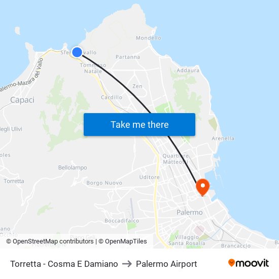 Torretta - Cosma E Damiano to Palermo Airport map