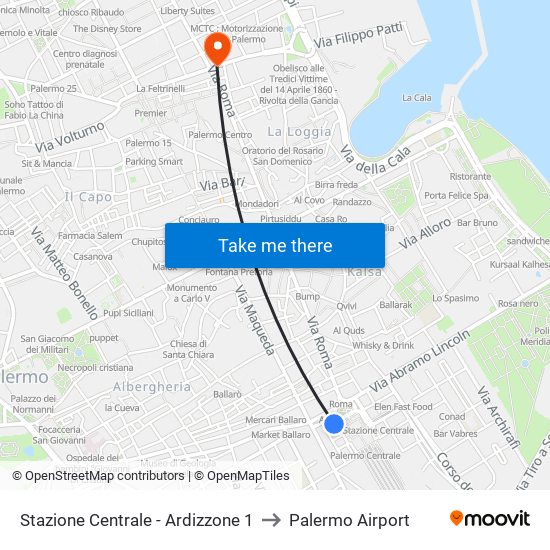 Stazione Centrale - Ardizzone 1 to Palermo Airport map