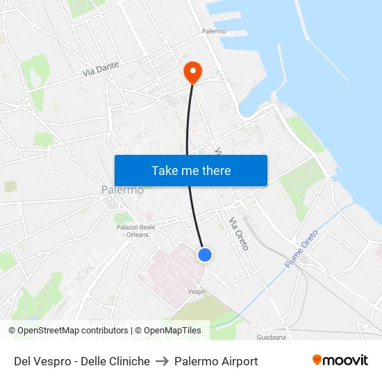 Del Vespro - Delle Cliniche to Palermo Airport map
