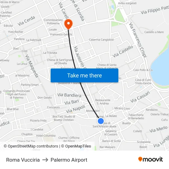 Roma Vucciria to Palermo Airport map