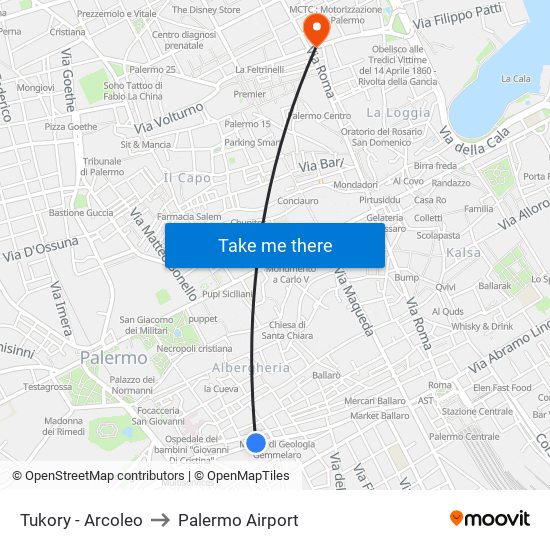 Tukory - Arcoleo to Palermo Airport map