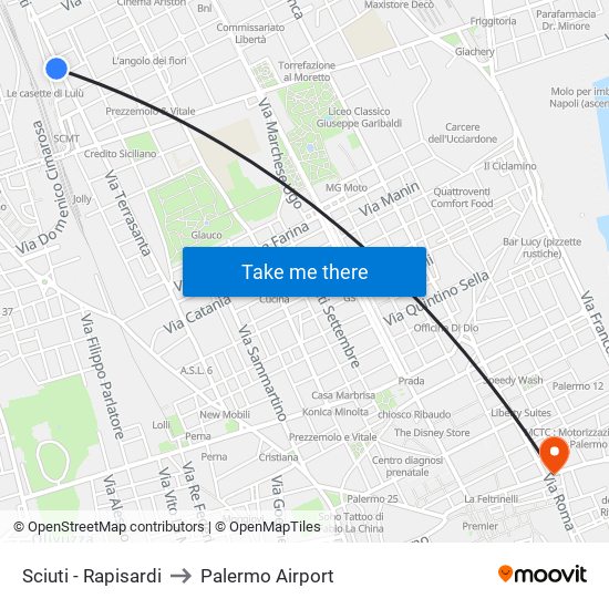 Sciuti - Rapisardi to Palermo Airport map