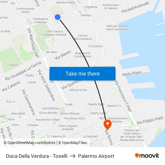 Duca Della Verdura - Toselli to Palermo Airport map