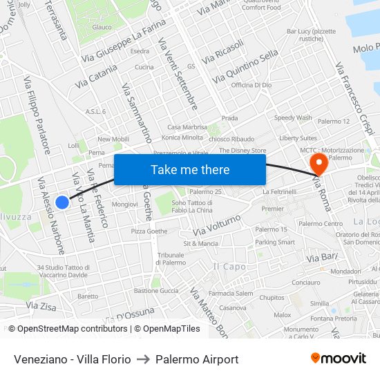 Veneziano - Villa Florio to Palermo Airport map