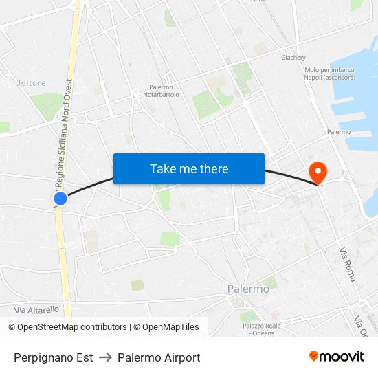 Perpignano Est to Palermo Airport map