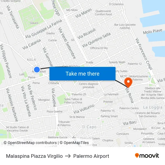 Malaspina Virgilio Square to Palermo Airport map