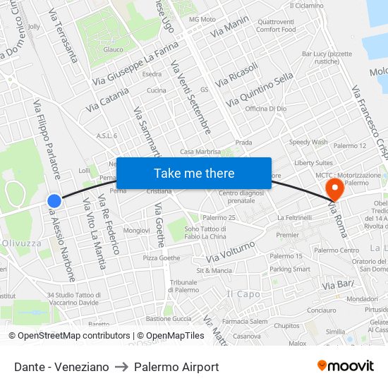 Dante - Veneziano to Palermo Airport map