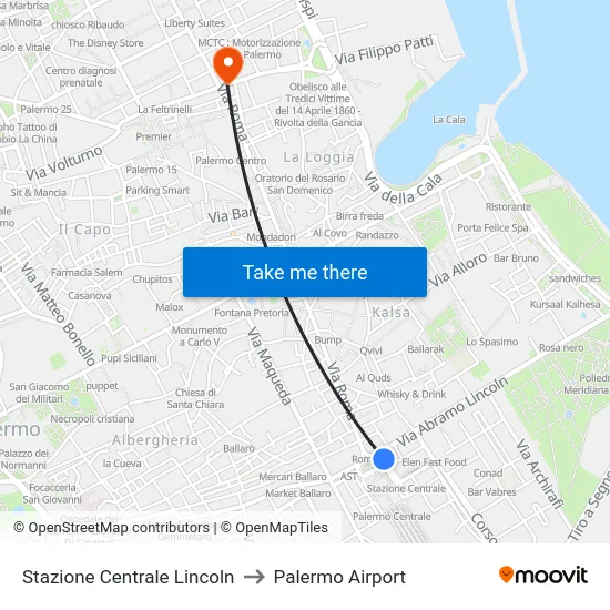 Central Station Lincoln to Palermo Airport map