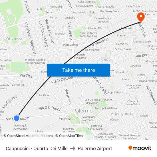 Cappuccini - Quarto Dei Mille to Palermo Airport map