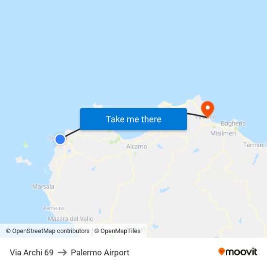 Via Archi 69 to Palermo Airport map