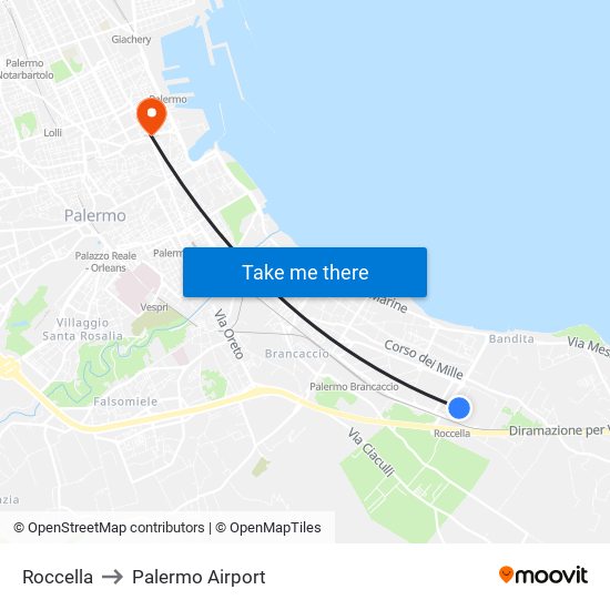 Roccella to Palermo Airport map