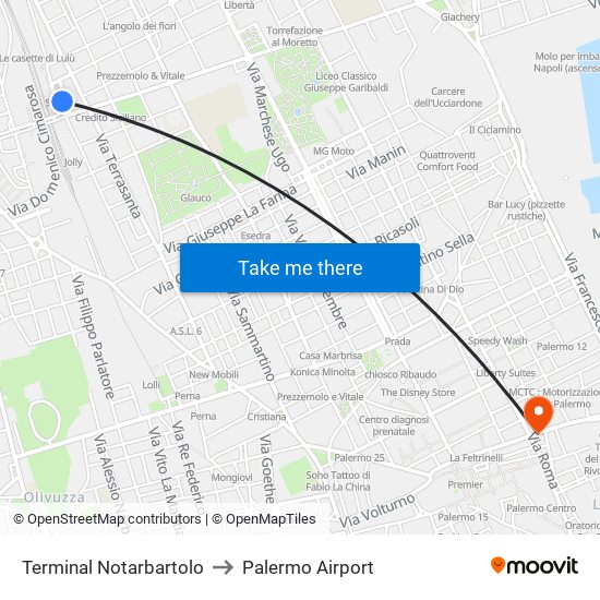 Terminal Notarbartolo to Palermo Airport map