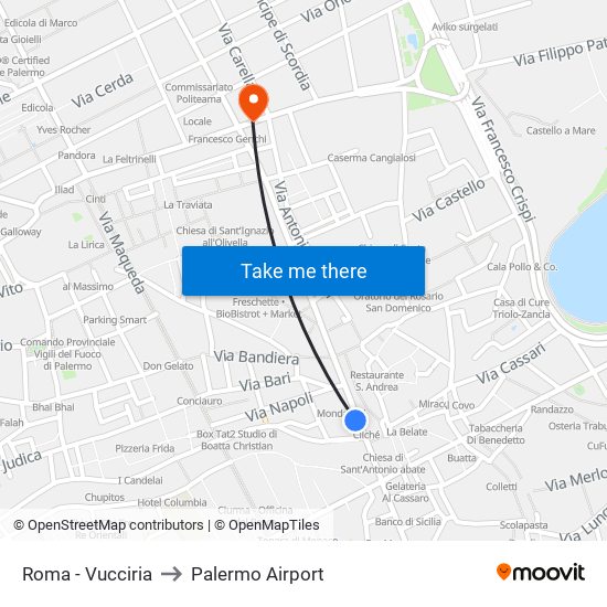 Roma - Vucciria to Palermo Airport map