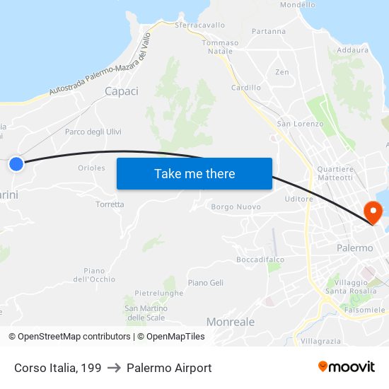 Corso Italia, 199 to Palermo Airport map