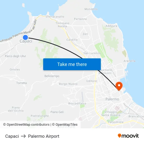 Capaci to Palermo Airport map