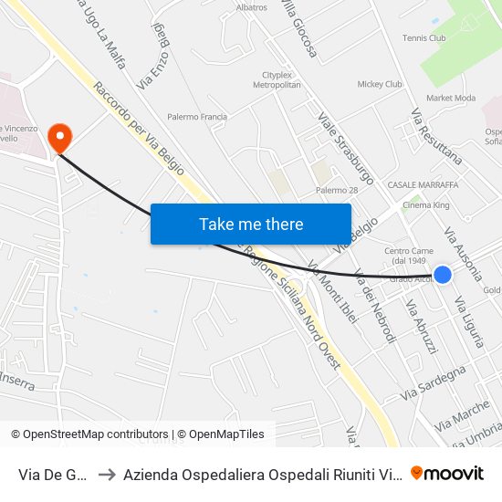 Via De Gasperi to Azienda Ospedaliera Ospedali Riuniti Villa Sofia - Cervello map