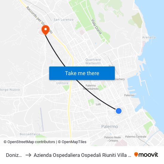 Donizzetti to Azienda Ospedaliera Ospedali Riuniti Villa Sofia - Cervello map