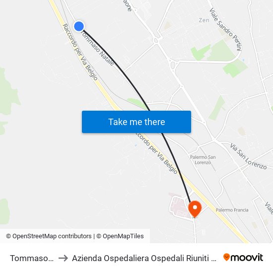 Tommaso Natale to Azienda Ospedaliera Ospedali Riuniti Villa Sofia - Cervello map