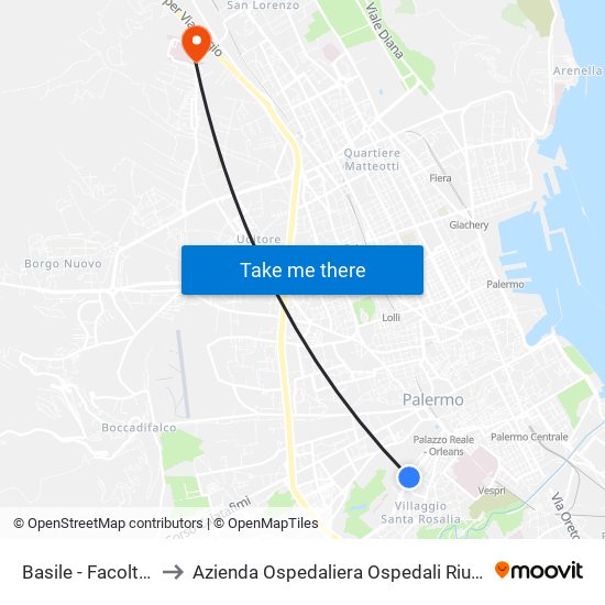 Basile - Facoltà Di Lettere to Azienda Ospedaliera Ospedali Riuniti Villa Sofia - Cervello map