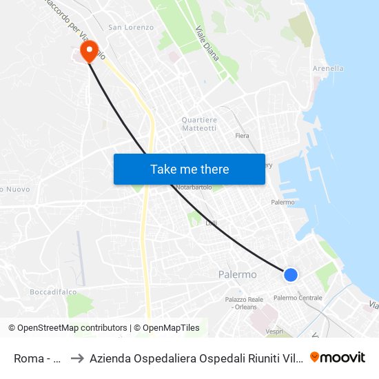 Roma - Fiume to Azienda Ospedaliera Ospedali Riuniti Villa Sofia - Cervello map