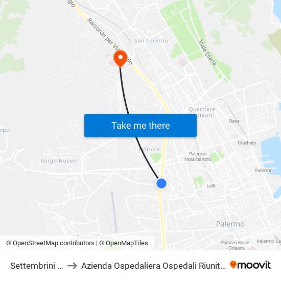 Settembrini - Di Blasi to Azienda Ospedaliera Ospedali Riuniti Villa Sofia - Cervello map