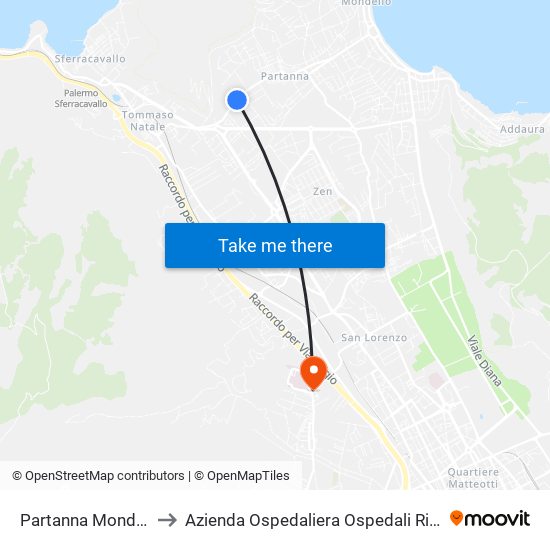 Partanna Mondello - Matotta to Azienda Ospedaliera Ospedali Riuniti Villa Sofia - Cervello map