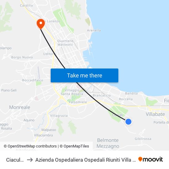 Ciaculli 10 to Azienda Ospedaliera Ospedali Riuniti Villa Sofia - Cervello map