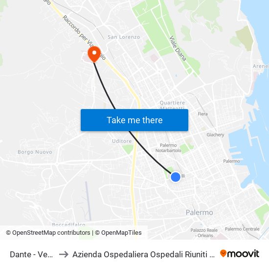 Dante - Veneziano to Azienda Ospedaliera Ospedali Riuniti Villa Sofia - Cervello map