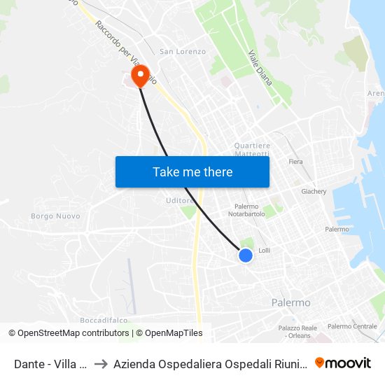 Dante - Villa Malfitano to Azienda Ospedaliera Ospedali Riuniti Villa Sofia - Cervello map