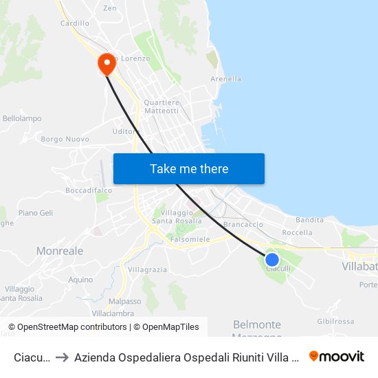 Ciaculli 4 to Azienda Ospedaliera Ospedali Riuniti Villa Sofia - Cervello map