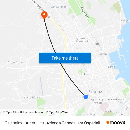 Calatafimi - Albergo Delle Povere to Azienda Ospedaliera Ospedali Riuniti Villa Sofia - Cervello map