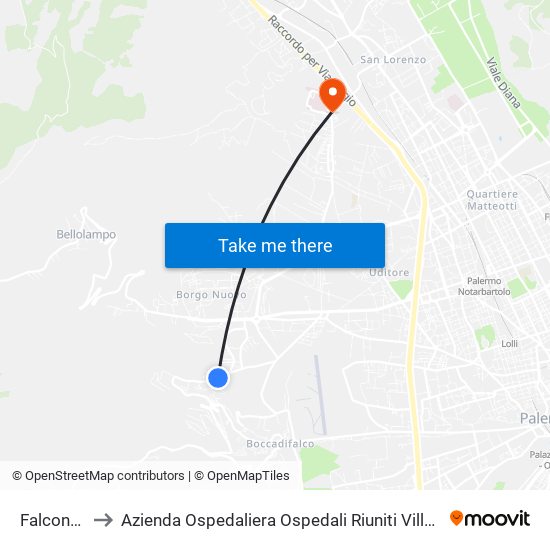 Falconara 1 to Azienda Ospedaliera Ospedali Riuniti Villa Sofia - Cervello map