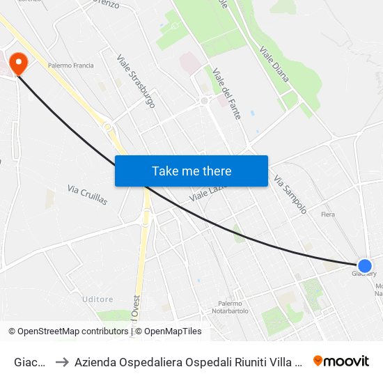 Giachery to Azienda Ospedaliera Ospedali Riuniti Villa Sofia - Cervello map