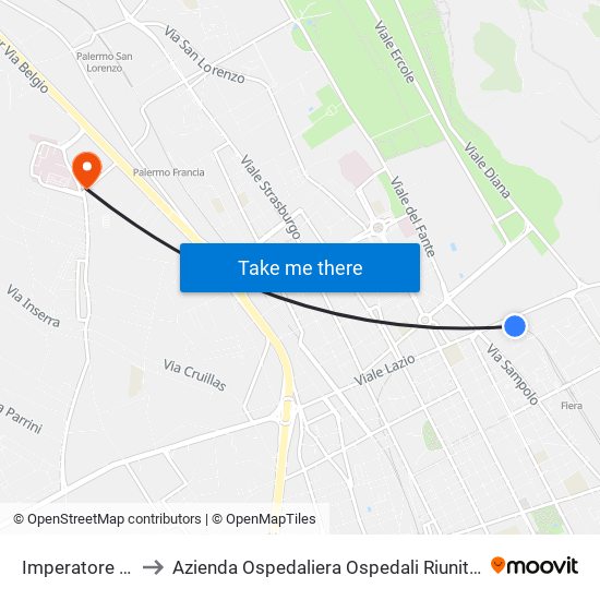 Imperatore Federico to Azienda Ospedaliera Ospedali Riuniti Villa Sofia - Cervello map