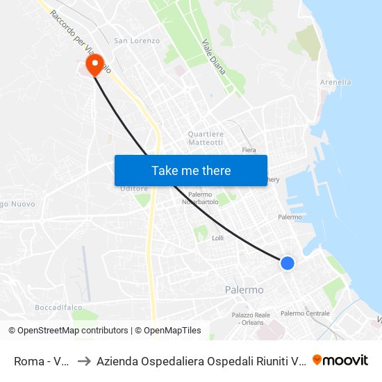 Roma - Vucciria to Azienda Ospedaliera Ospedali Riuniti Villa Sofia - Cervello map